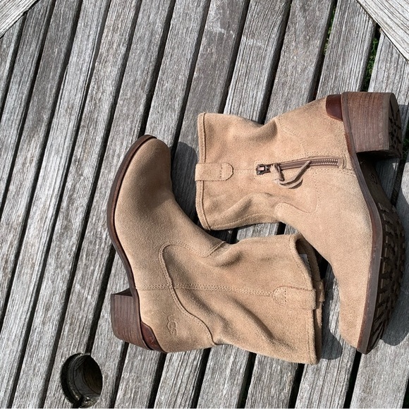 UGG Rioni Tan Suede Leather Soft Pull On Mid Boots - Picture 1 of 15